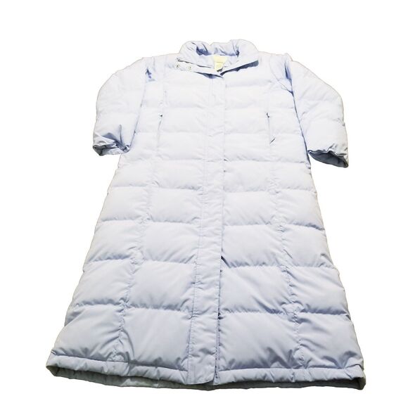 LL Bean Puffer Coat Women's Medium Light Blue Goose Down Hooded Faux Fur Long